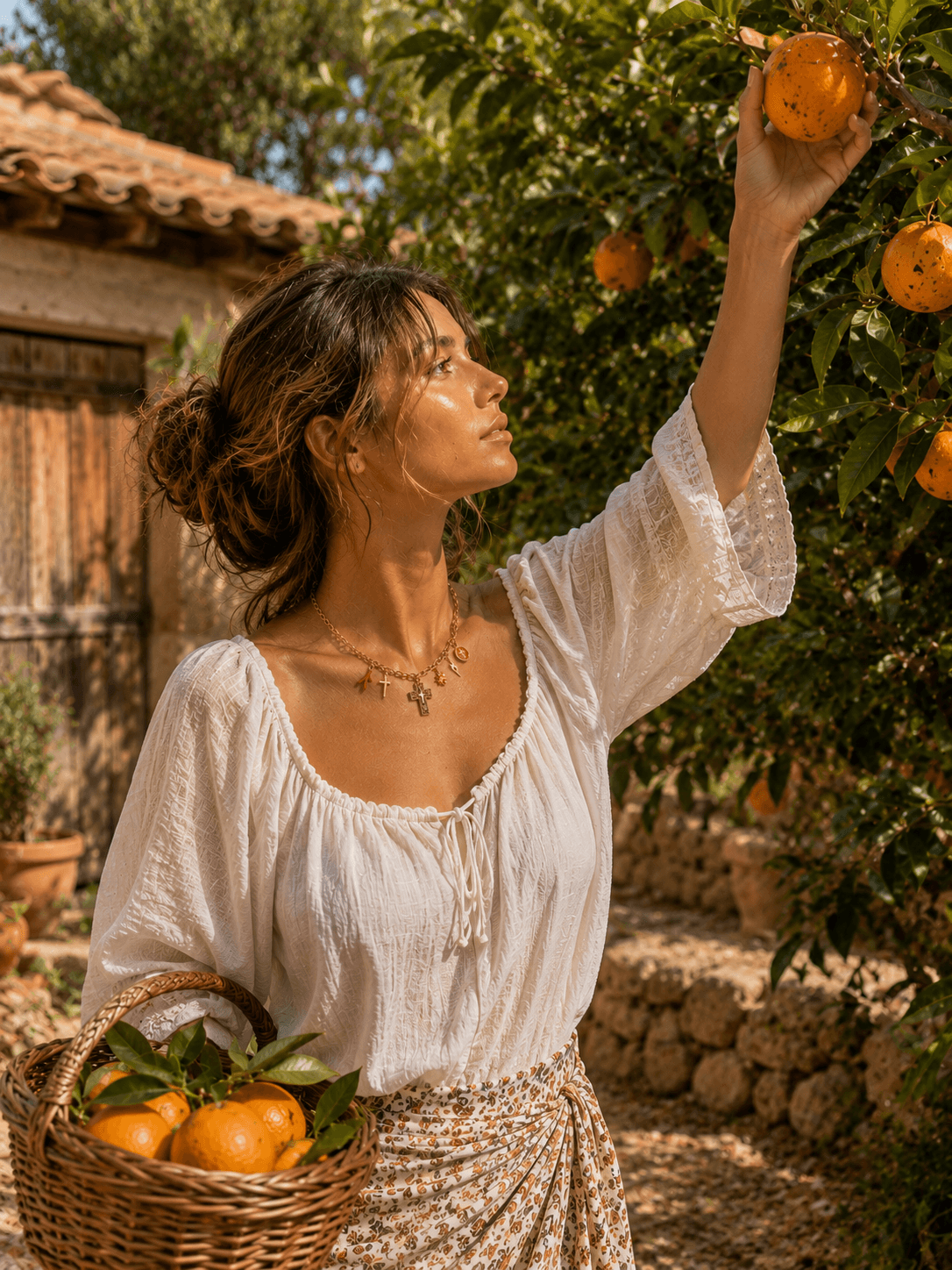 Brune cueillant une orange à un arbre, blouse de coton blanche aux manches bouffantes, jupe imprimée fleurie, panier en osier rempli d'oranges au bras, collier Corallia porté, jardin méditerranéen avec mur de pierre, lumière dorée d'après-midi