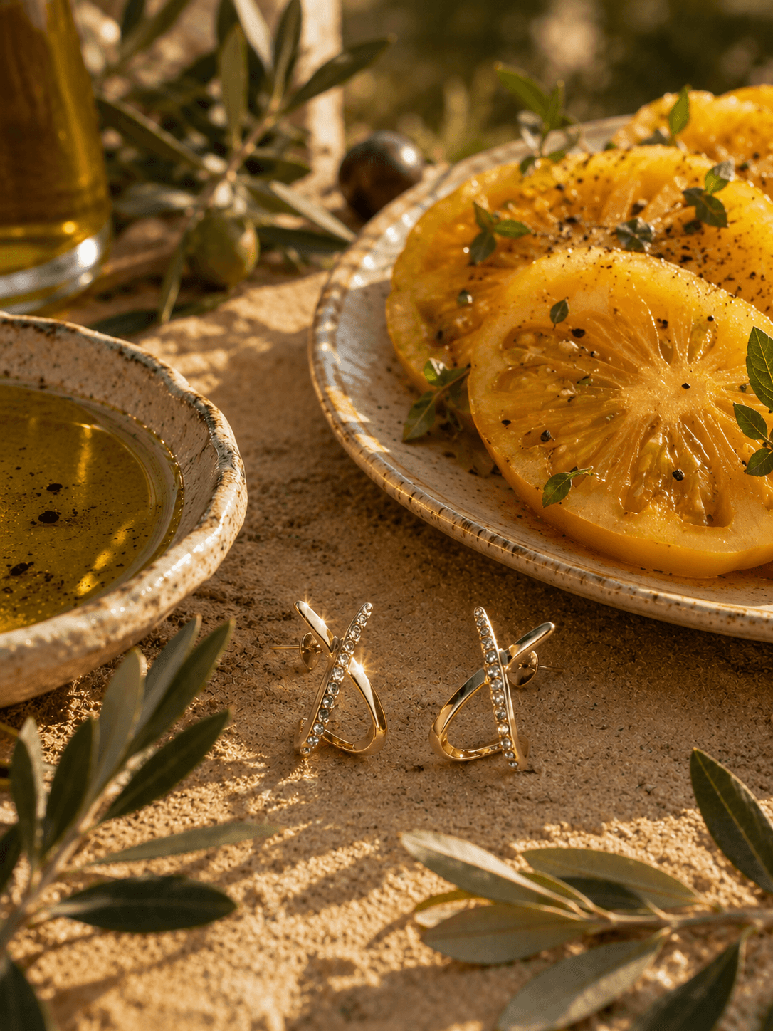 Boucles Croisette posées sur le sable, assiette en céramique de citrons grillés au thym, bol d'huile d'olive et branches d'olivier, lumière dorée d'un déjeuner d'été