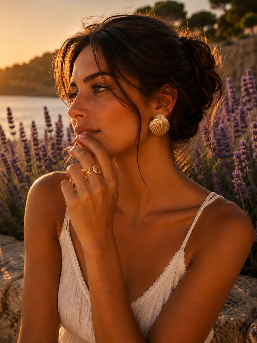 Portrait brune au chignon flou dans un champ de lavande au coucher du soleil, peau dorée, camisole en lin blanc, mains posées sous le menton avec bague Océline visible au majeur — coquille Saint-Jacques et étoile de mer dorées, boucles coquille Saint-Jacques aux oreilles, mer méditerranéenne et côte ocre en arrière-plan