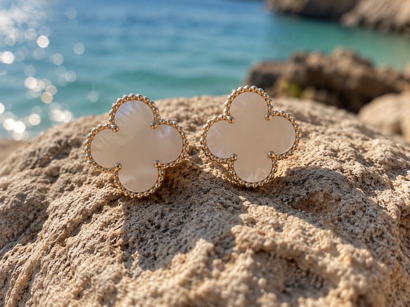 Boucles Bianca trèfle quadrilobe en nacre blanche posées sur rochers en bord de mer méditerranéenne, eau turquoise transparente, lumière dorée d'été