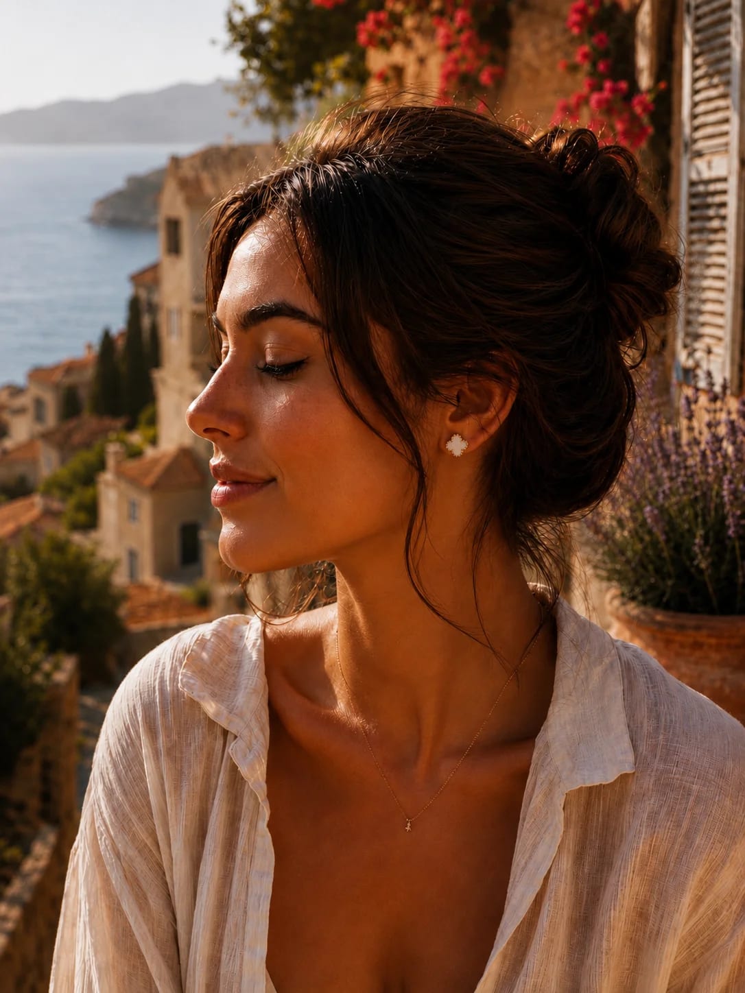 Portrait brune profil chignon flou et mèches sauvages, yeux baissés, peau cuivrée, chemise lin écrue entrouverte, boucle Bianca quadrilobe en nacre blanche visible à l'oreille, village méditerranéen accroché aux falaises et mer turquoise en arrière-plan, bougainvilliers fuchsia en haut à gauche, brins de lavande dans jarre en céramique à droite, lumière dorée rasante de fin d'après-midi