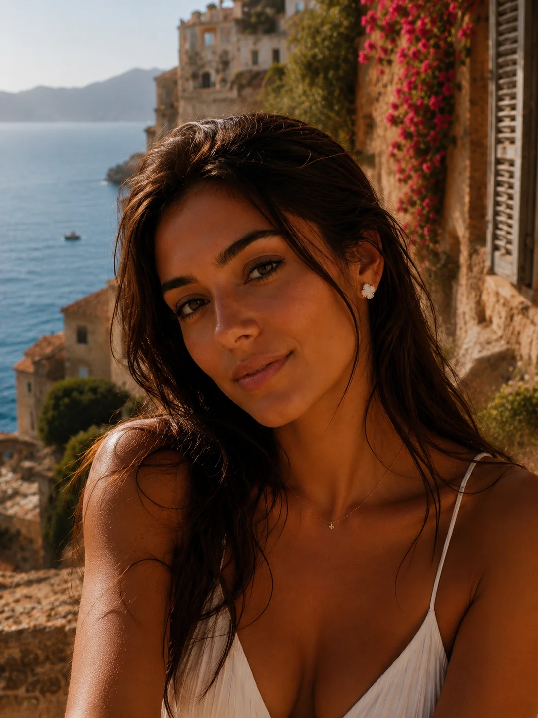 Portrait brune face caméra, cheveux longs ondulés balayés par le vent, regard intense, peau cuivrée, robe blanche à fines bretelles, boucle Bianca quadrilobe en nacre blanche visible à l'oreille, village méditerranéen perché sur les falaises et mer turquoise en arrière-plan, bougainvilliers fuchsia en haut à droite, lumière dorée d'après-midi