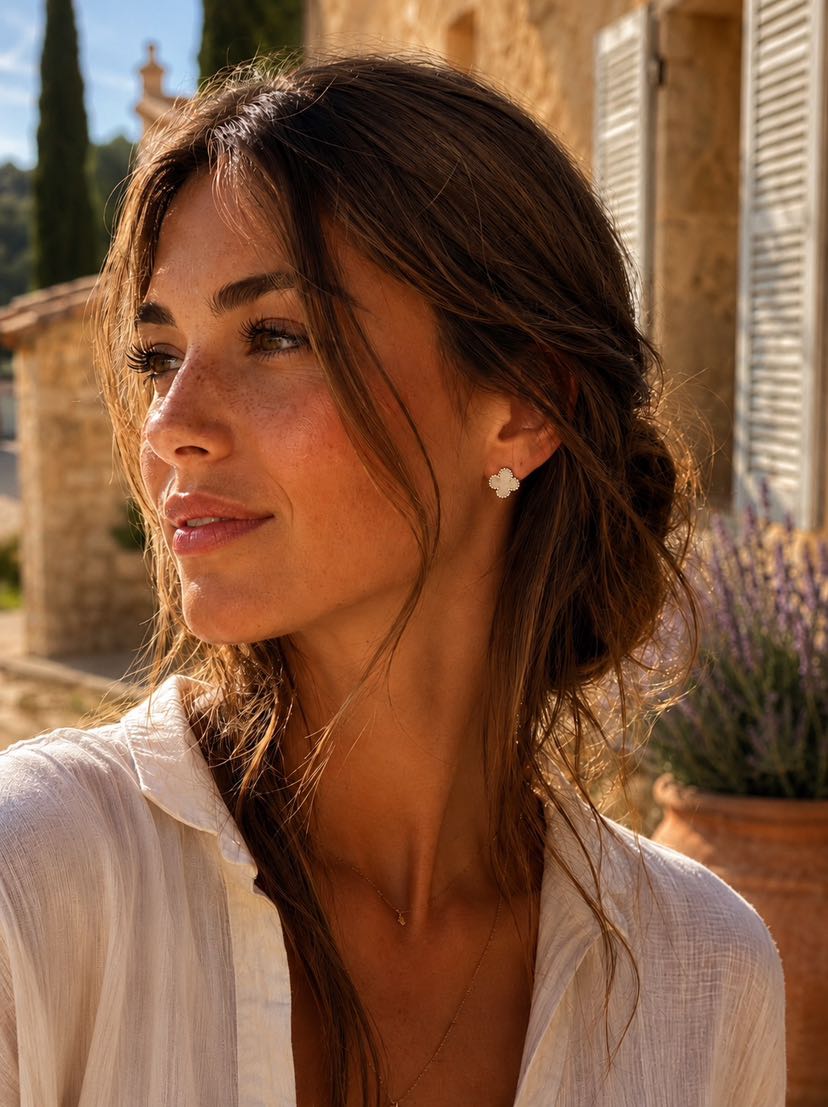 Portrait brune profil tourné vers la lumière, chignon flou et mèches au vent, peau dorée constellée de taches de rousseur, chemise blanche en lin froissée déboutonnée, boucle Bianca quadrilobe en nacre blanche bien visible à l'oreille, façade méditerranéenne en pierre claire aux volets clos blanchis et cyprès à gauche, brins de lavande dans jarre en céramique terracotta à droite, lumière dorée de fin d'après-midi