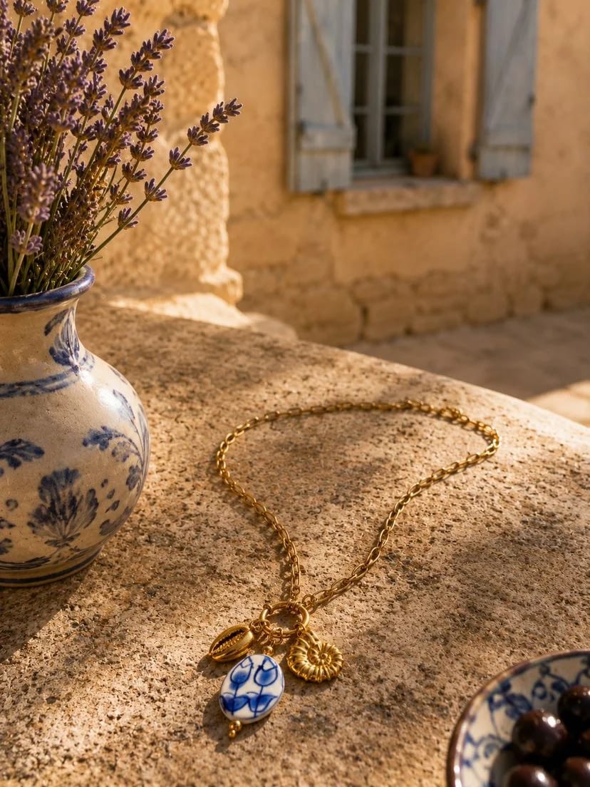 Collier Blue Moon posé sur une table en travertin doré, cluster de pendentifs visible — cauri, nautile, médaillon céramique tulipes bleues — jarre en faïence bleue et blanche débordant de lavande à gauche, bol de céramique avec olives noires à droite, mas provençal aux volets bleus en arrière-plan flou, lumière dorée rasante