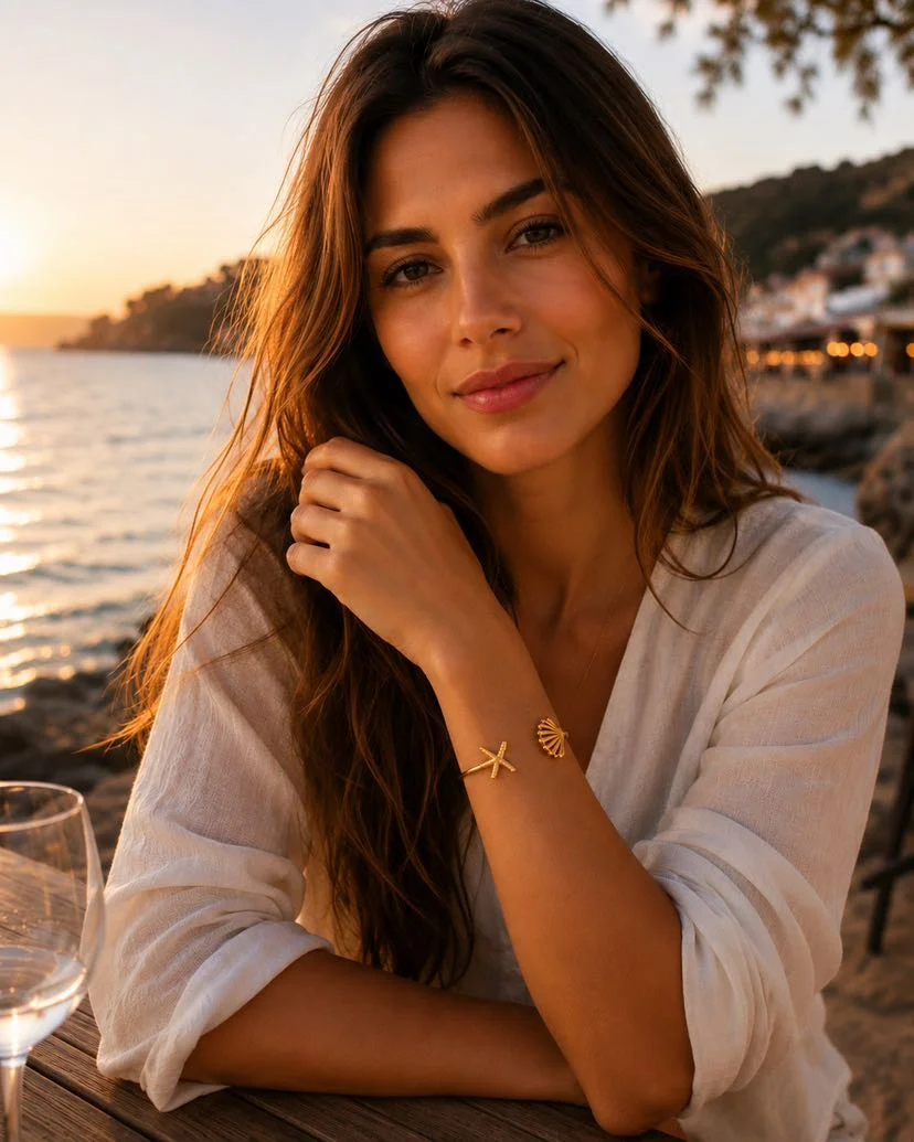 Portrait brune cheveux longs accoudée à une table en bois sur une terrasse en bord de mer au coucher du soleil, chemise blanche en lin, main repliée près du visage, bracelet jonc Catalina ouvert au poignet avec coquille Saint-Jacques et étoile de mer, verre de vin et mer en arrière-plan, lumière dorée