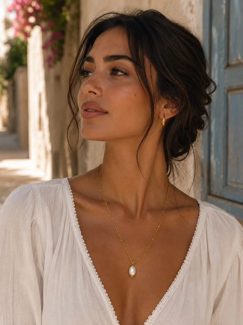 Portrait brune profil chignon flou et mèches au vent, peau dorée, blouse blanche en coton à fines manches bouffantes et décolleté en V profond, collier Perla porté avec la perle baroque blanche pendante au creux du décolleté, ruelle méditerranéenne aux murs clairs, porte en bois bleu pastel et bougainvilliers fuchsia en arrière-plan, lumière dorée de fin d'après-midi