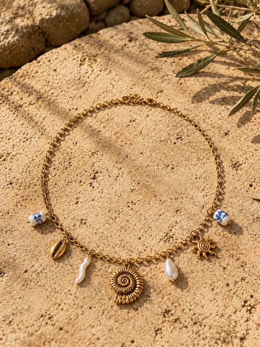 Collier Sol de Oliva posé sur une pierre dorée ensoleillée, chaîne d'or et 7 breloques visibles — soleil rayonnant ciselé, ammonite spiralée, perle baroque blanche, cauri dorée, cornicello blanc, deux perles de faïence bleue — branche d'olivier et ombres mouchetées en arrière-plan, lumière dorée d'été