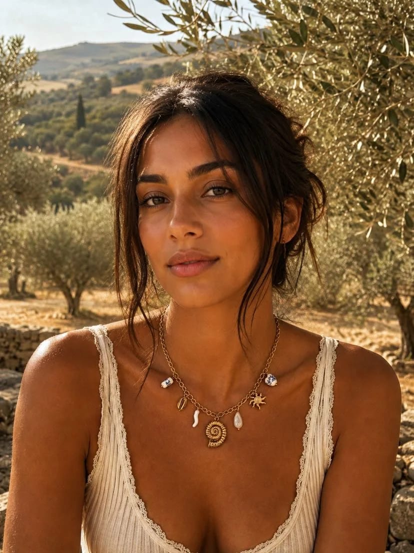 Portrait brune chignon flou et mèches sauvages dans une oliveraie au soleil, top écru en maille à fines bretelles avec dentelle, peau dorée, collier Sol de Oliva porté à la clavicule avec ses breloques dorées et faïence bleue, oliviers centenaires et collines en arrière-plan, lumière dorée chaude
