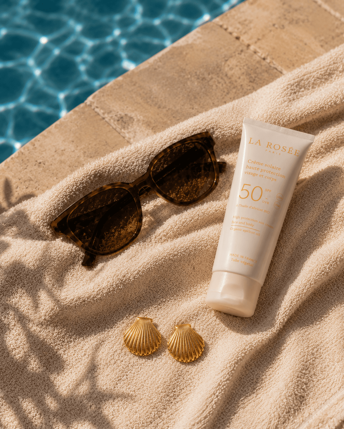 Boucles Vénus posées sur une serviette en éponge écrue, lunettes en écaille et tube de crème solaire La Rosée, bord de piscine en travertin
